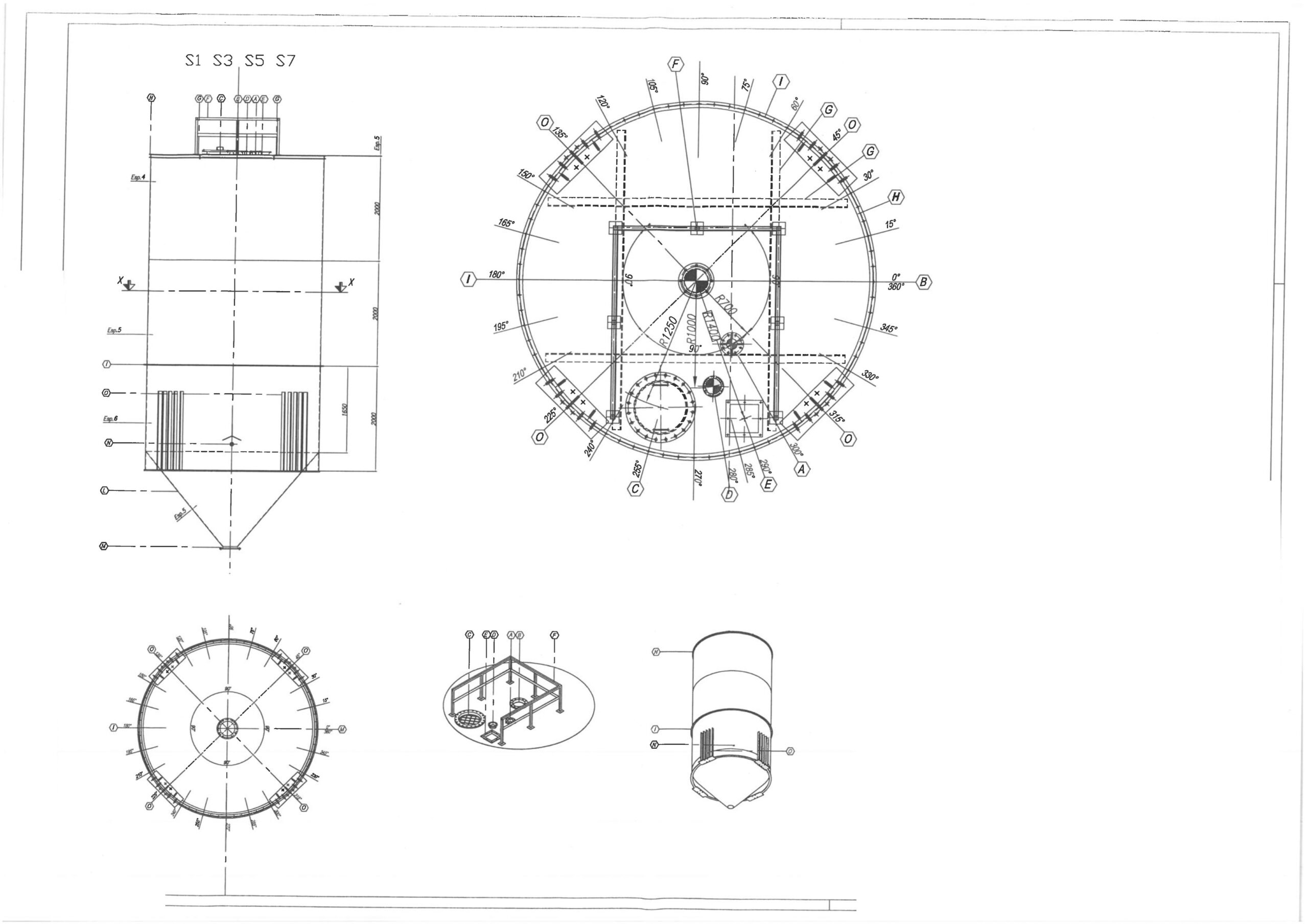 Silo Almacenamiento Con Pesaje 4 Plano técnico y esquema dimensional de silo Tecnital de 53,6 m³ con sistema de pesaje.